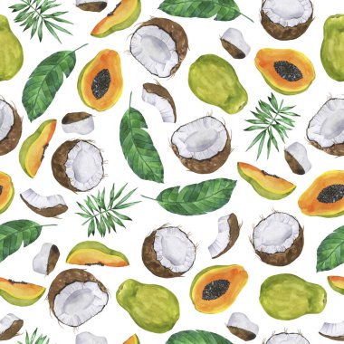 Beyaz arka planda tropikal meyveli papaya, hindistan cevizi ve orman yapraklarıyla kusursuz desen. El çizimi suluboya çizimi.