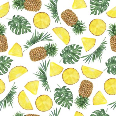 Beyaz arka planda tropik ananas, palmiye ve canavar yapraklı kusursuz desen. El çizimi suluboya çizimi.