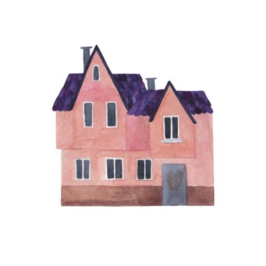 Dekoratif pembe ev beyaz arka planda izole edilmiş. El çizimi suluboya çizimi.