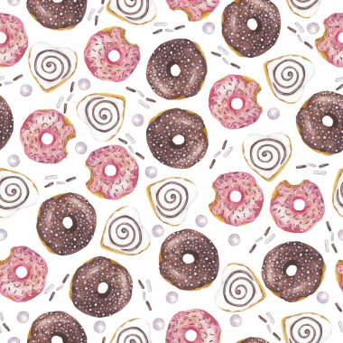 Vanilyalı, çikolatalı ve çilekli ya da beyaz arka planda kurabiyeli kusursuz desen. El çizimi suluboya çizimi.