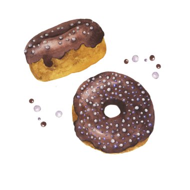 Beyaz arka planda izole edilmiş çikolata kaplı çörekler. El çizimi suluboya çizimi.