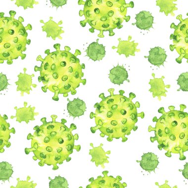 Yeşil koronavirüs hücreleri ve beyaz zemin üzerinde yeşil arkaplan olan kusursuz desen. El çizimi suluboya çizimi.