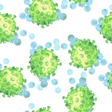 Yeşil koronavirüs hücreleri ve beyaz zemin üzerinde mavi arkaplan olan kusursuz desen. El çizimi suluboya çizimi.