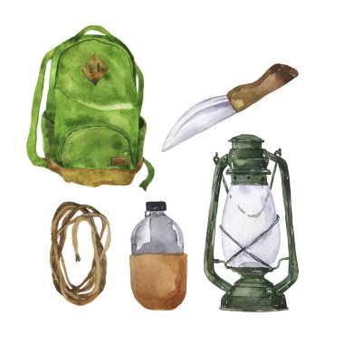 Yeşil sırt çantası, bıçak, ip, şişe ve fener beyaz arka planda izole edilmiş. El çizimi suluboya çizimi.