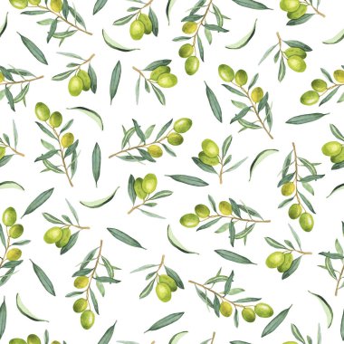 Beyaz arka planda böğürtlenli, yeşil ağaç dalları olan pürüzsüz bir desen. El çizimi suluboya çizimi.