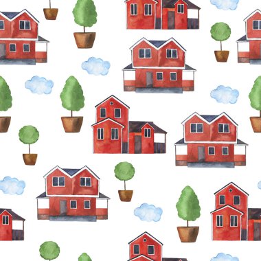 Kırmızı kır evi, mavi bulutlar ve beyaz arka planda yeşil ağaçlar. El çizimi suluboya çizimi.