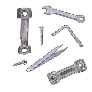 Çelik karikatür malzemeleri: İngiliz anahtarı, vida, cımbız. El çizimi suluboya ve mürekkep çizimi.