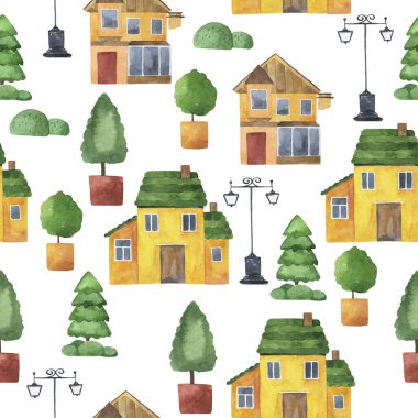 Sarı ve kahverengi kır evi, sokak lambaları ve beyaz arka planda yeşil ağaçlarla kusursuz desenli. El çizimi suluboya çizimi.