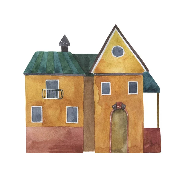 Decoratieve Cottage Huis Geïsoleerd Witte Achtergrond Met Hand Getekend Aquarel — Stockfoto