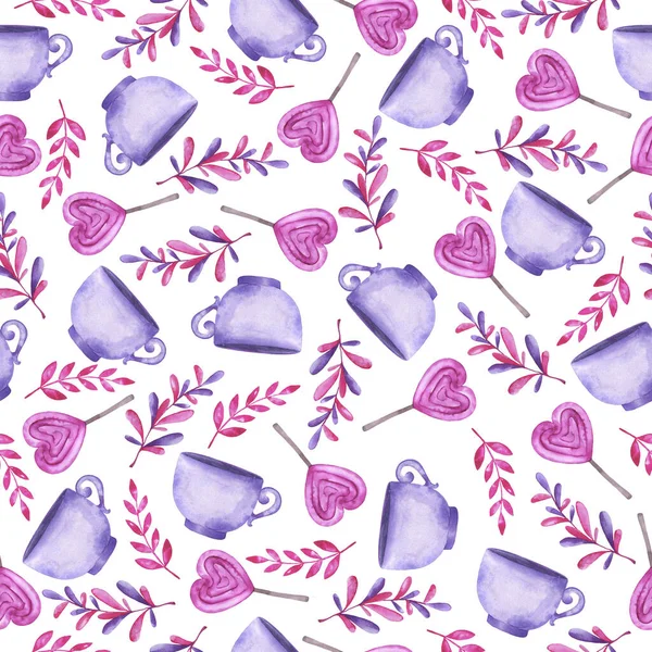 白い背景にライラックカップ ピンクのキャンディーや装飾的な枝とシームレスなパターン 手描き水彩画 — ストック写真