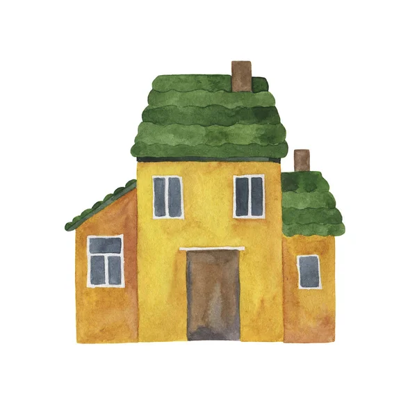 Decorative Yellow House Green Roof Isolated White Background Hand Drawn — Stock Photo, Image