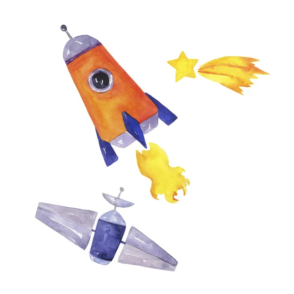 Набор Мультфильмов Космическом Корабле Ракете Комете Изолированных Белом Фоне Рисунок — стоковое фото