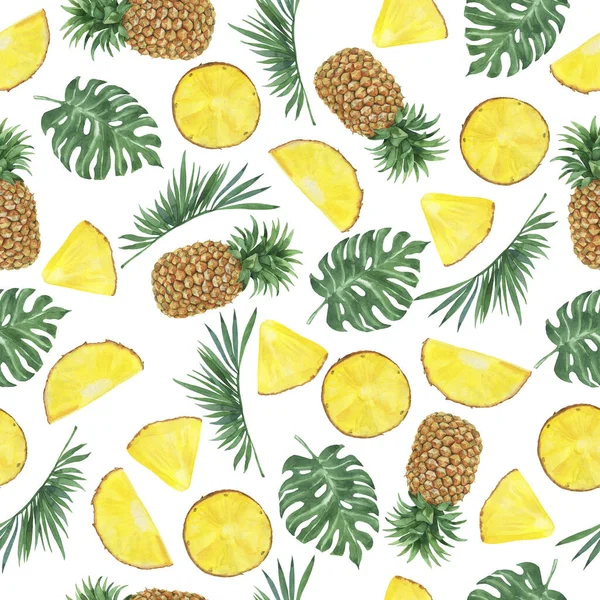 Naadloos Patroon Met Tropische Ananas Palm Monsterabladeren Witte Achtergrond Met — Stockfoto