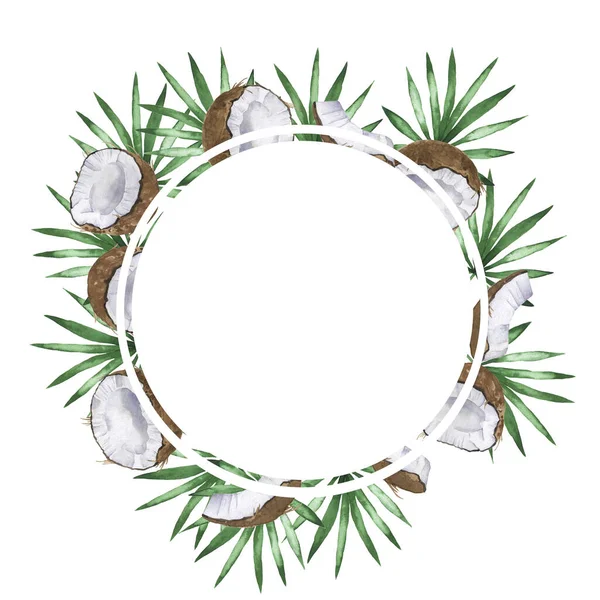 Tropical green leaves and coconuts round frame isolated on white background. Hand drawn watercolor illustration.