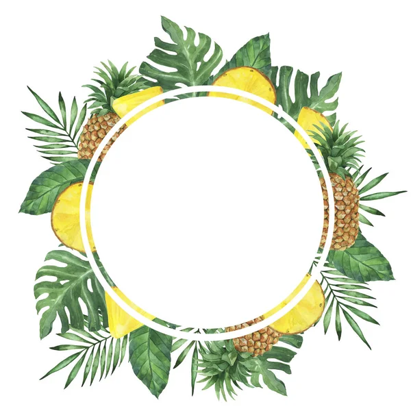 Tropiska Monstera Och Palmblad Och Färska Ananas Rund Ram Isolerad — Stockfoto