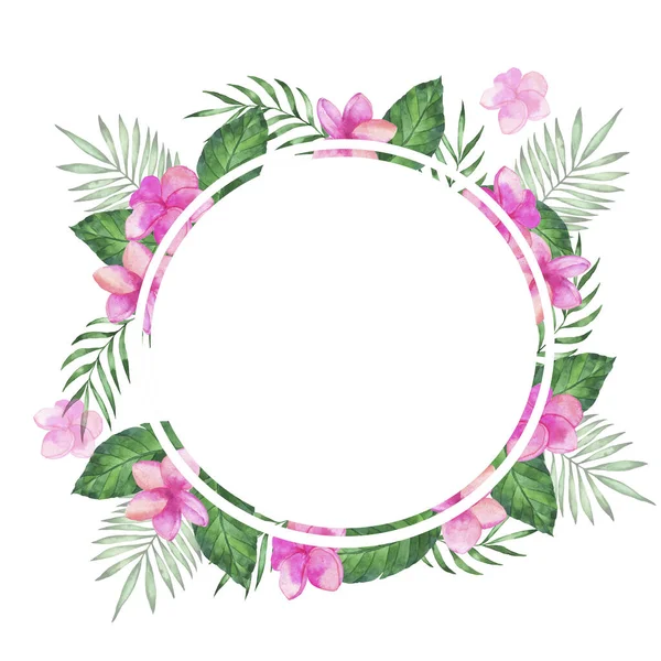 熱帯緑の葉とピンクのプルメリアの花は白い背景に孤立した丸い枠 手描き水彩画 — ストック写真