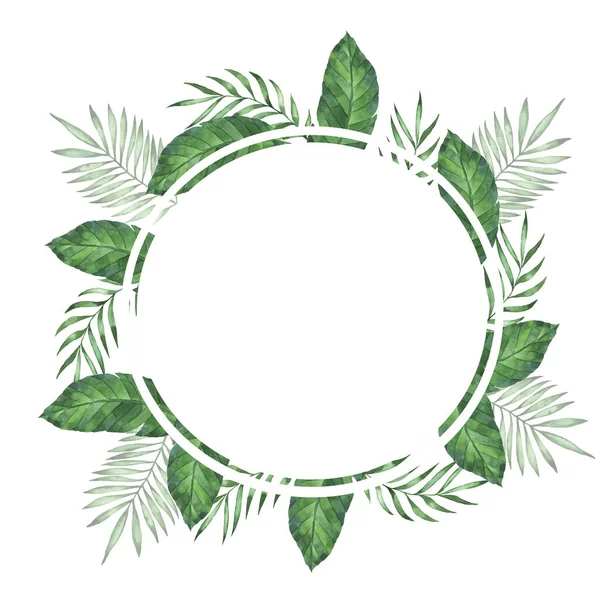 Tropiska Gröna Blad Runda Ram Isolerad Vit Bakgrund Handritad Akvarell — Stockfoto
