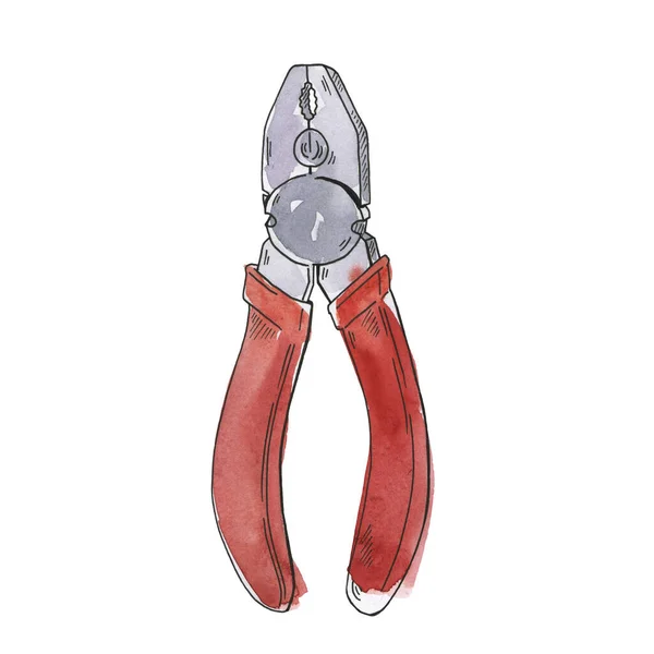 Red Big Pliers Isolated White Background Hand Drawn Watercolor Ink — Stock Photo, Image