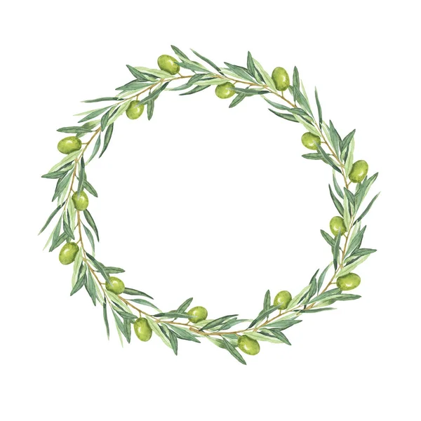Zielona Oliwkowa Okrągła Ramka Izolowana Białym Tle Ręcznie Rysowane Ilustracja — Zdjęcie stockowe