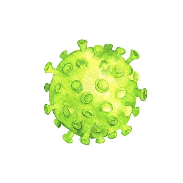 Cellula Coronavirus Verde Isolata Sfondo Bianco Covid Illustrazione Acquerello Disegnato — Foto Stock