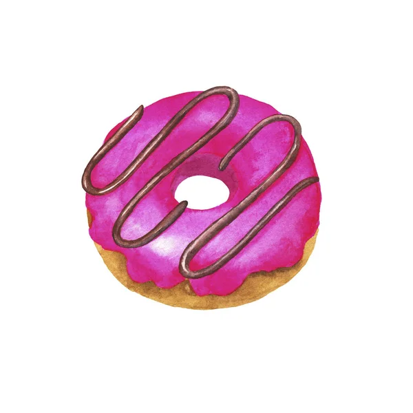 Bright Pink Berry Glazed Donut Isolated White Background Hand Drawn — Stock Photo, Image