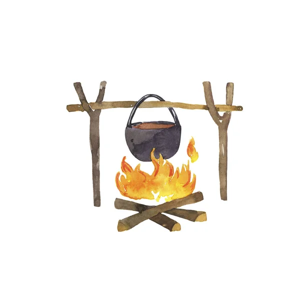 Camp fire and black pot isolated on white background. Hand drawn watercolor illustration.