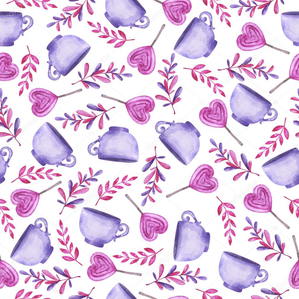 Seamless pattern with lilac cups, pink candies and decorative branches on white background. Hand drawn watercolor illustration.