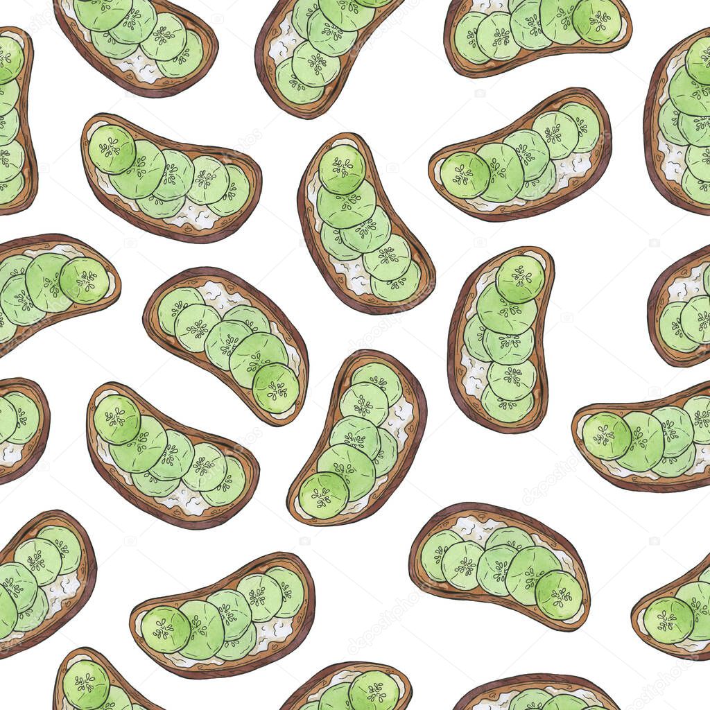 Seamless pattern with fresh cucumber sandwiches on white background. Hand drawn watercolor and ink illustration.