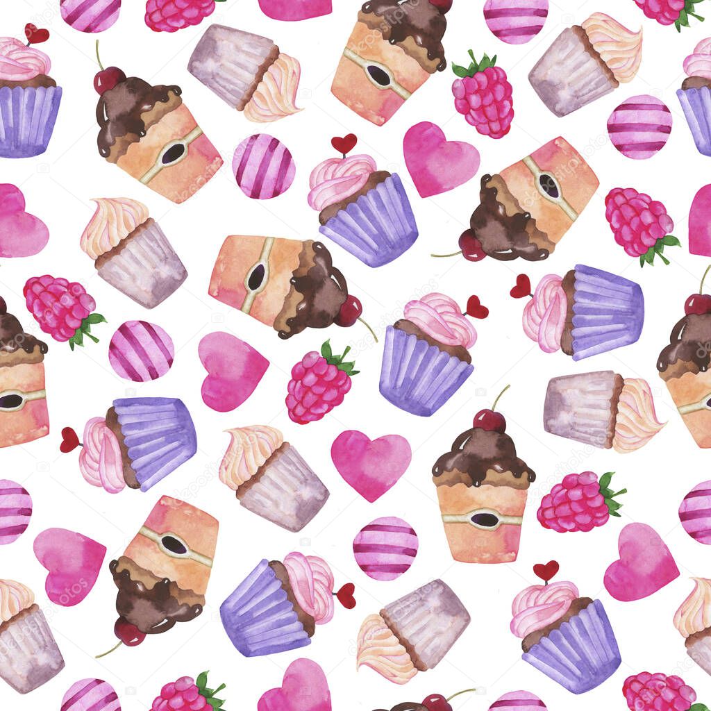 Seamless pattern with decorative cupcakes, hearts, raspberry and candy on white background. Hand drawn watercolor illustration.