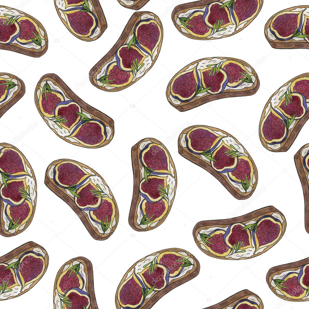 Seamless pattern with fresh fig and herbs sandwiches on white background. Hand drawn watercolor and ink illustration.