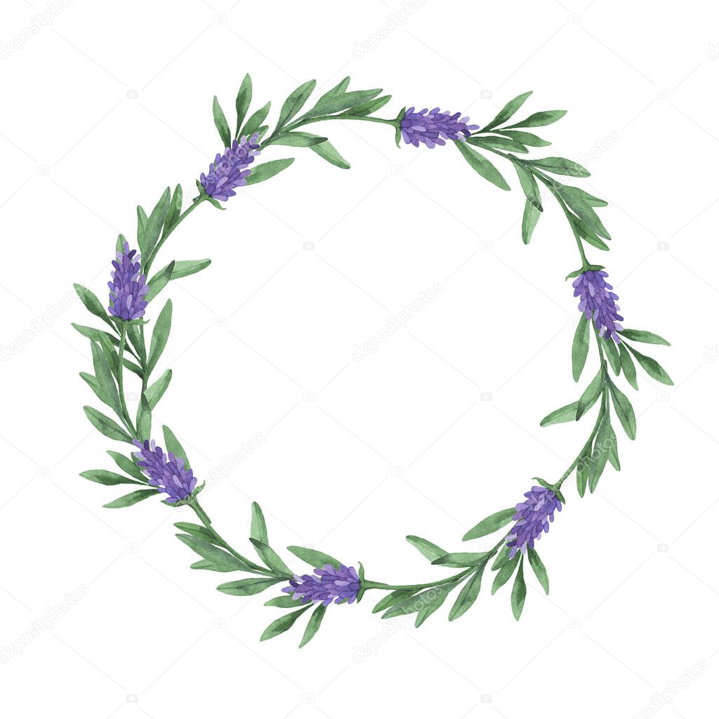 Lilac lavender flowers and green leaves round frame isolated on white background. Hand drawn watercolor illustration.