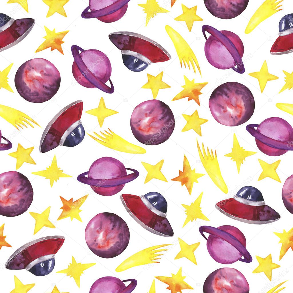 Seamless pattern with flying saucers, planets, stars and comets on white background. Hand drawn watercolor illustration.