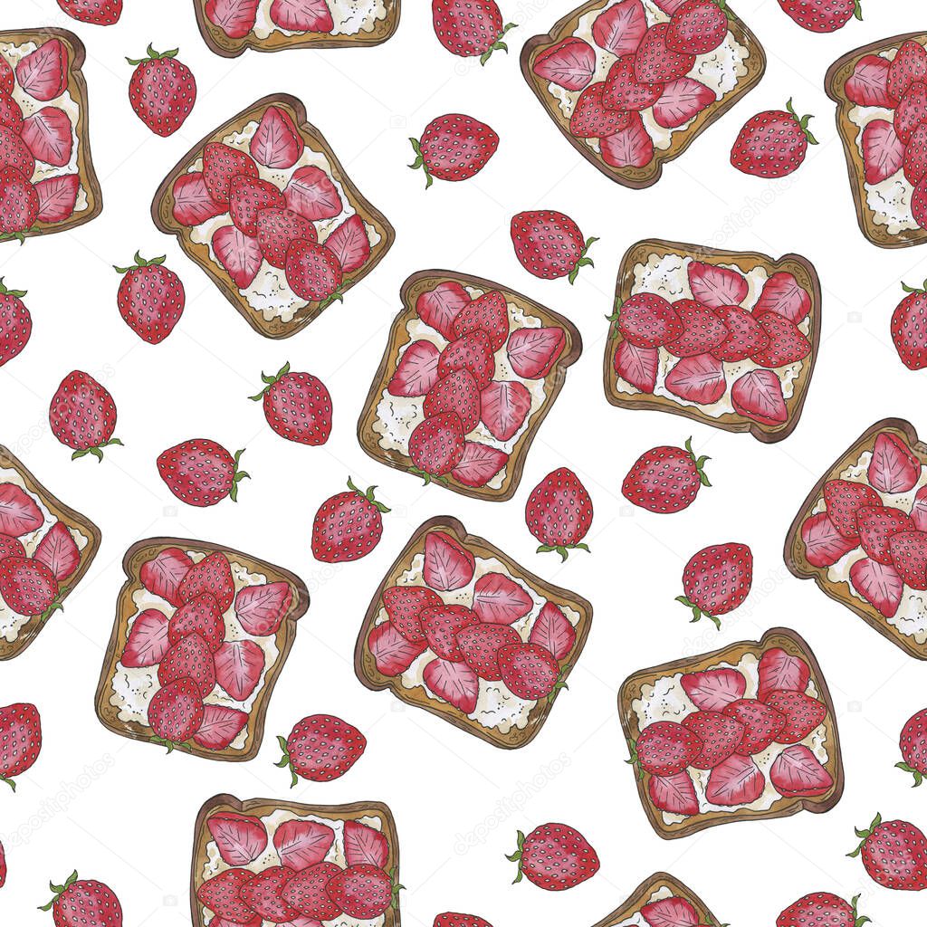 Seamless pattern with strawberry abd ricotta sandwiches on white background. Hand drawn watercolor and ink illustration.