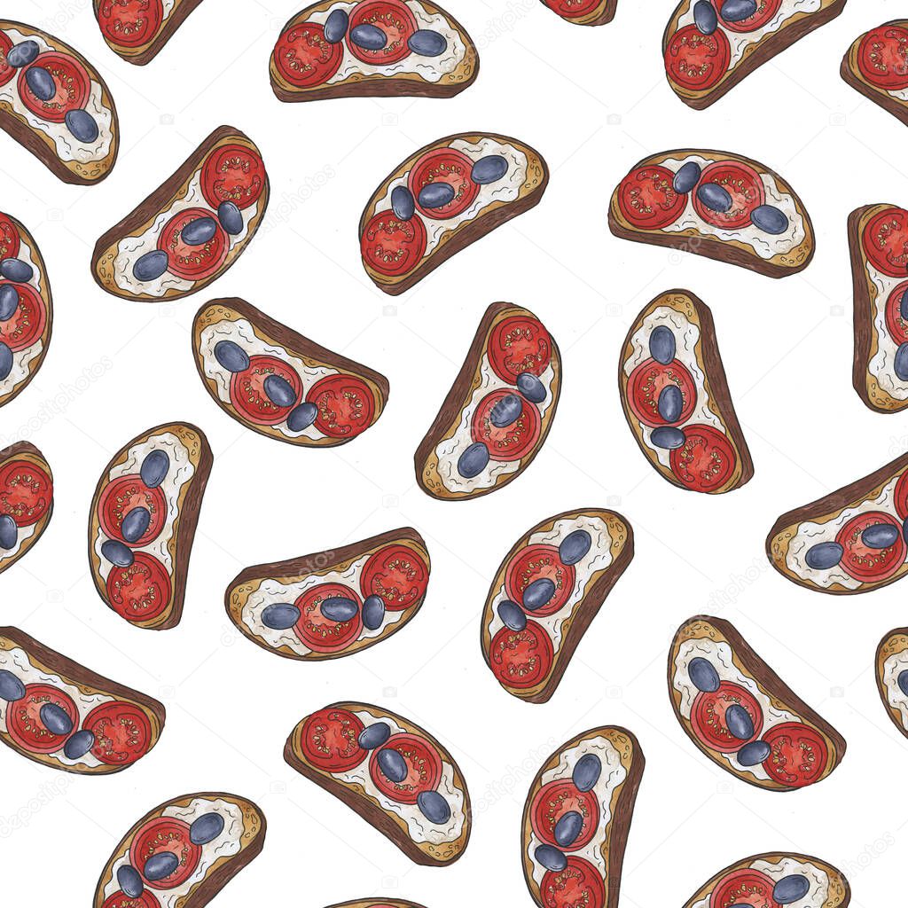 Seamless pattern with tomato and dark olive sandwiches on white background. Hand drawn watercolor and ink illustration.
