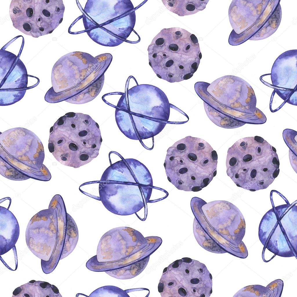 Seamless pattern with doodle planets on white background. Hand drawn watercolor illustration.