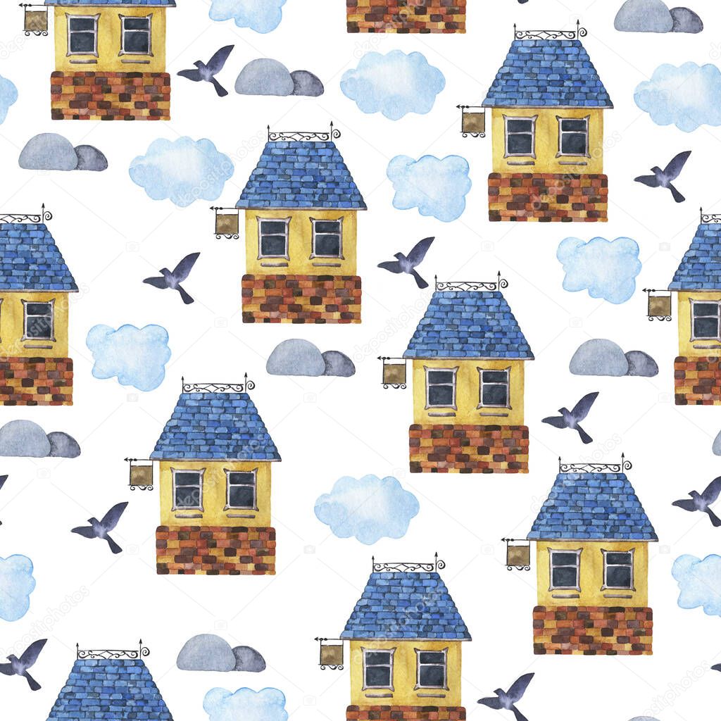Seamless pattern with doodle country house, flying bird and blue clouds on white background. Hand drawn watercolor illustration.