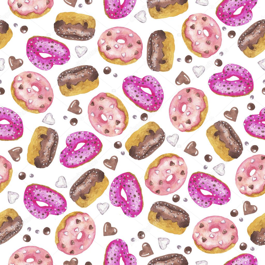 Seamless pattern with chocolate and berry donuts or cookies on white background. Hand drawn watercolor illustration.