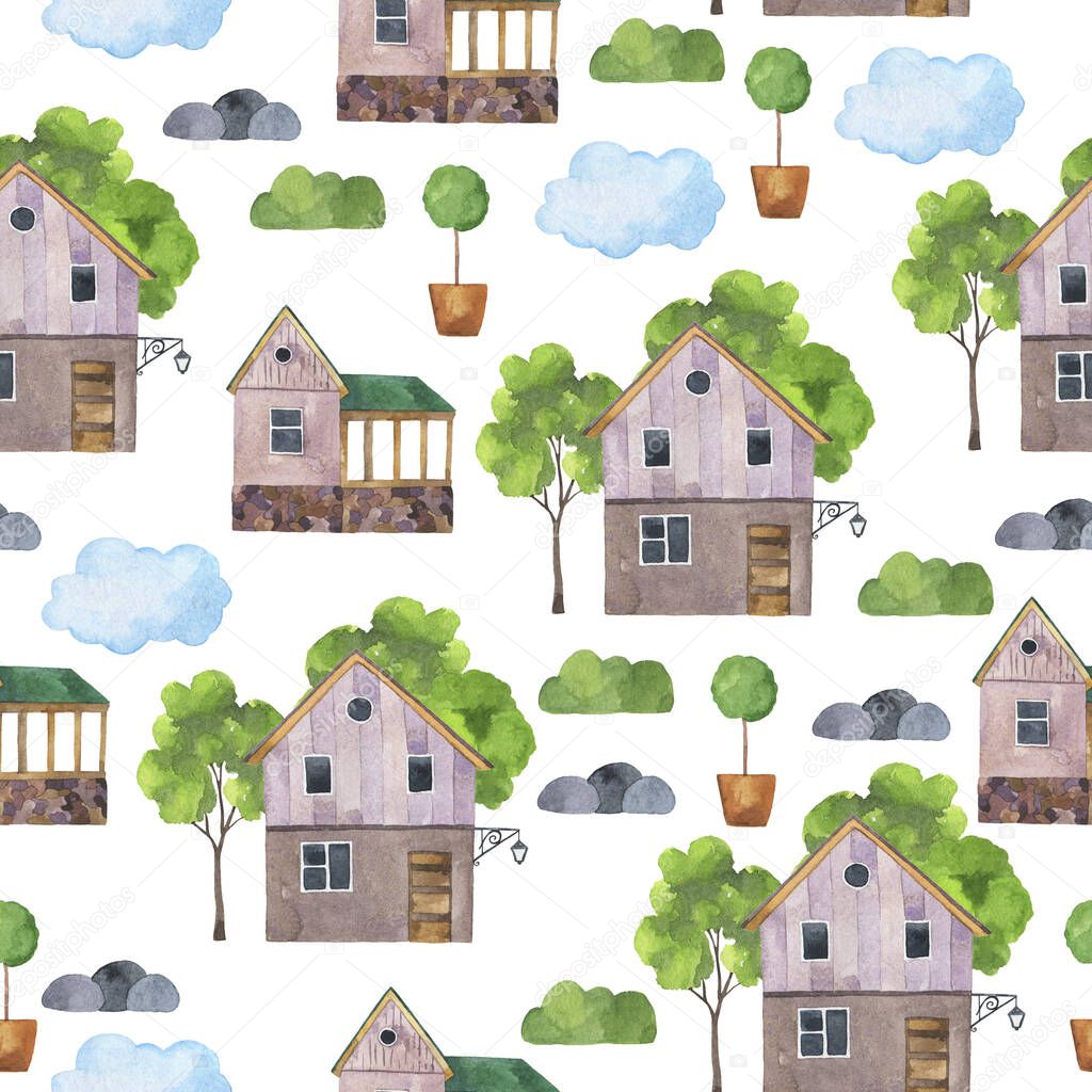 Seamless pattern with lilac country house, blue clouds and green trees on white background. Hand drawn watercolor illustration.