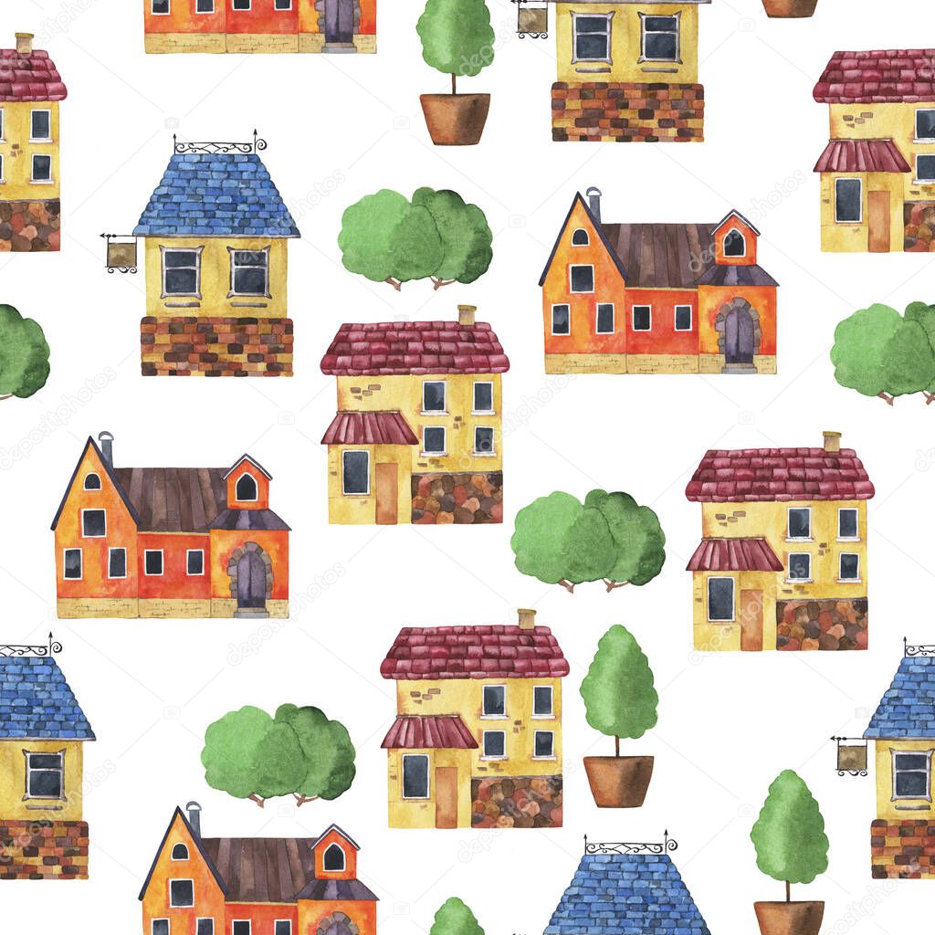 Seamless pattern with yellow and orange doodle country house and green trees on white background. Hand drawn watercolor illustration.