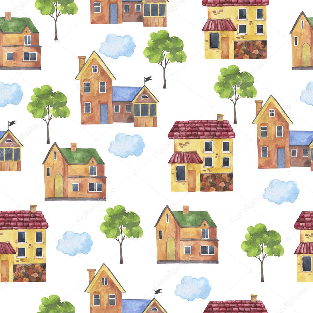 Seamless pattern with cute country house, light clouds and green trees on white background. Hand drawn watercolor illustration.