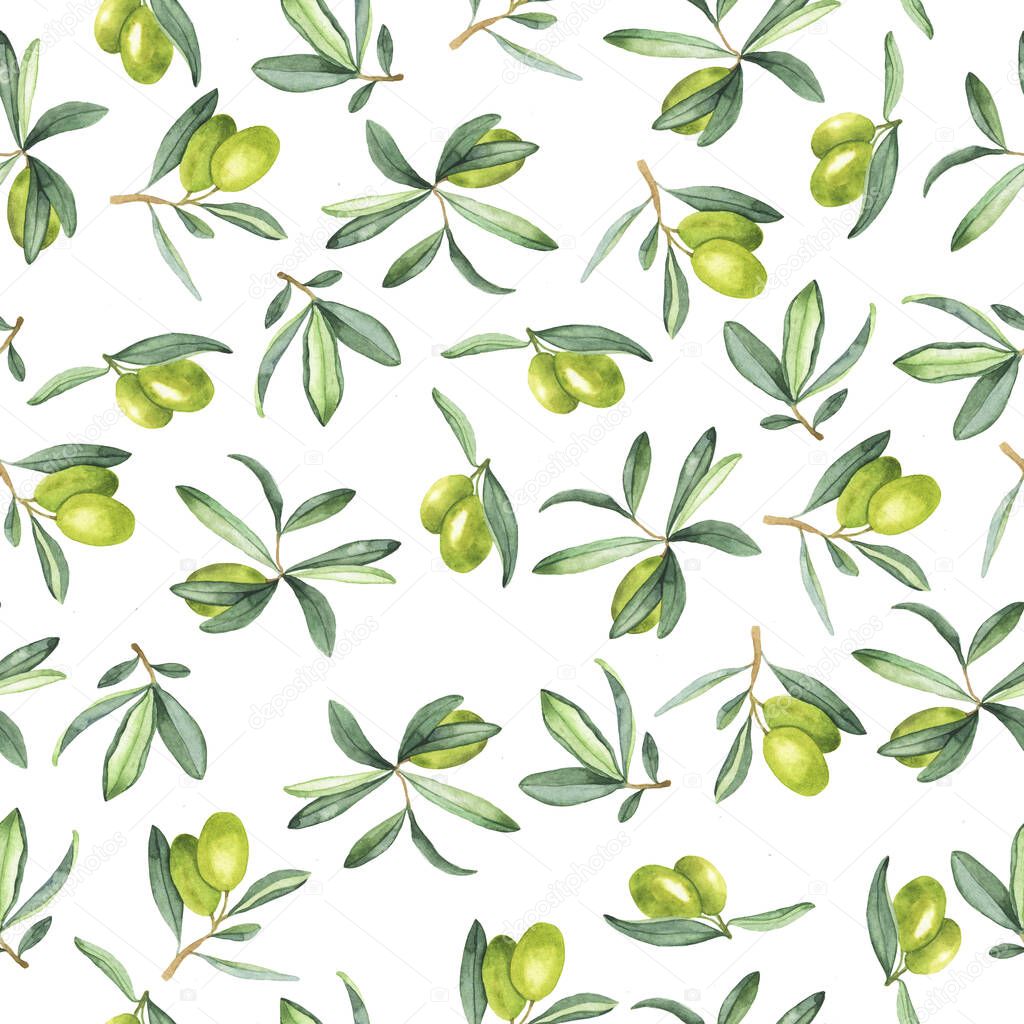 Seamless pattern with fresh olive tree branches with berries on white background. Hand drawn watercolor illustration.