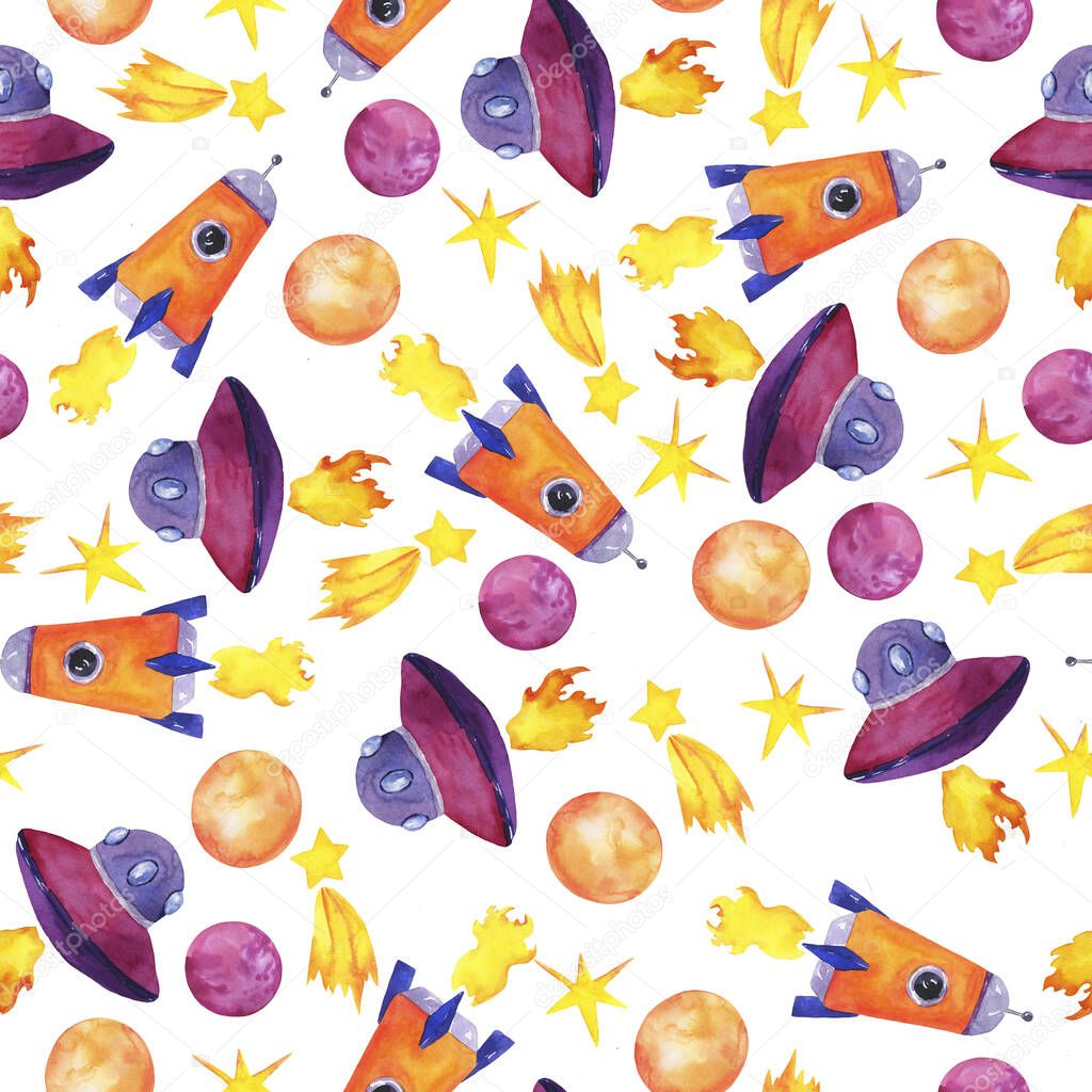 Seamless pattern with bright orange rocket, flying saucer, comets, stars and planets on white background. Hand drawn watercolor illustration.