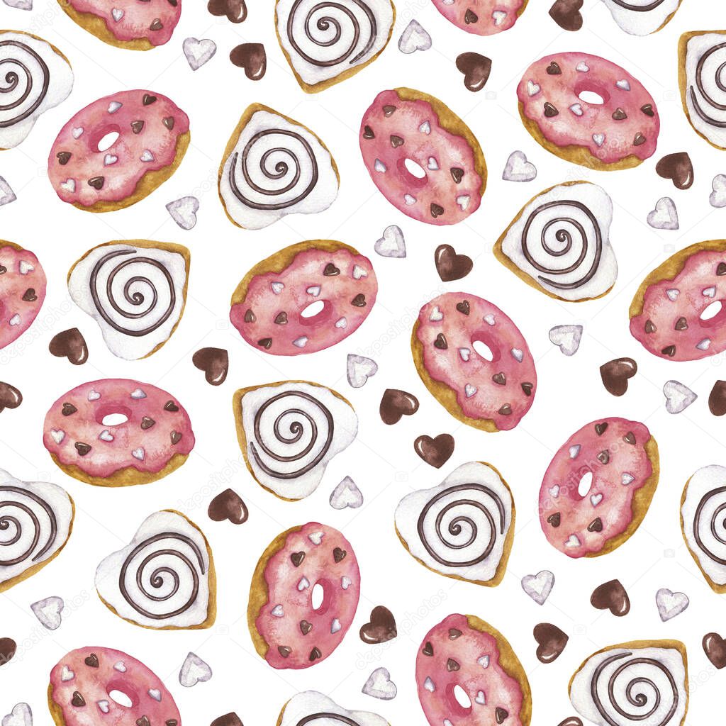 Seamless pattern with white vanilla and pink berry donuts or cookies on white background. Hand drawn watercolor illustration.