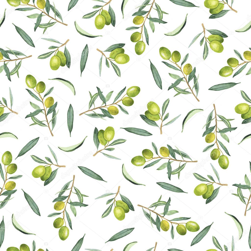 Seamless pattern with green  tree branches with berries on white background. Hand drawn watercolor illustration.