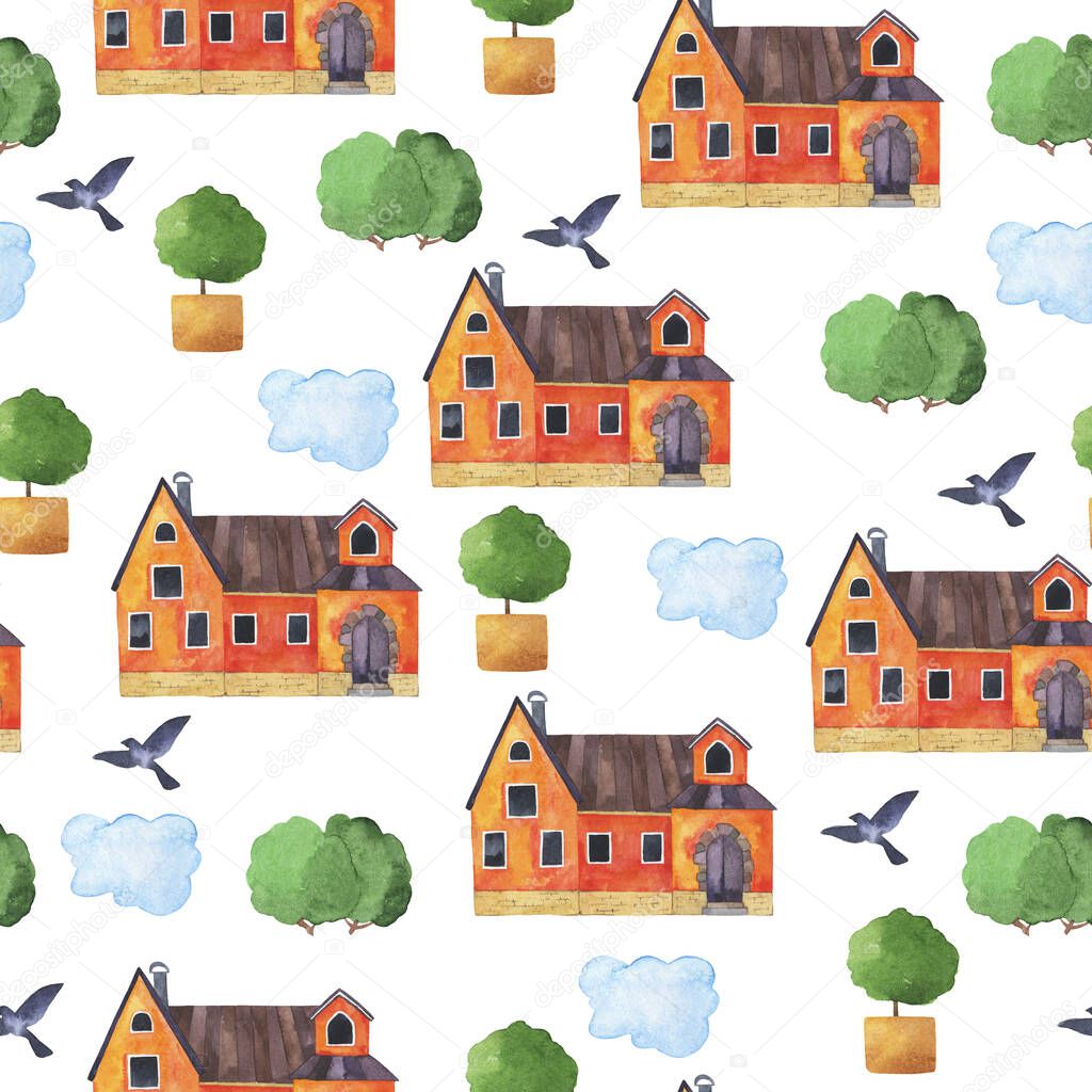 Seamless pattern with cute orange country house, blue clouds, birds and green trees on white background. Hand drawn watercolor illustration.