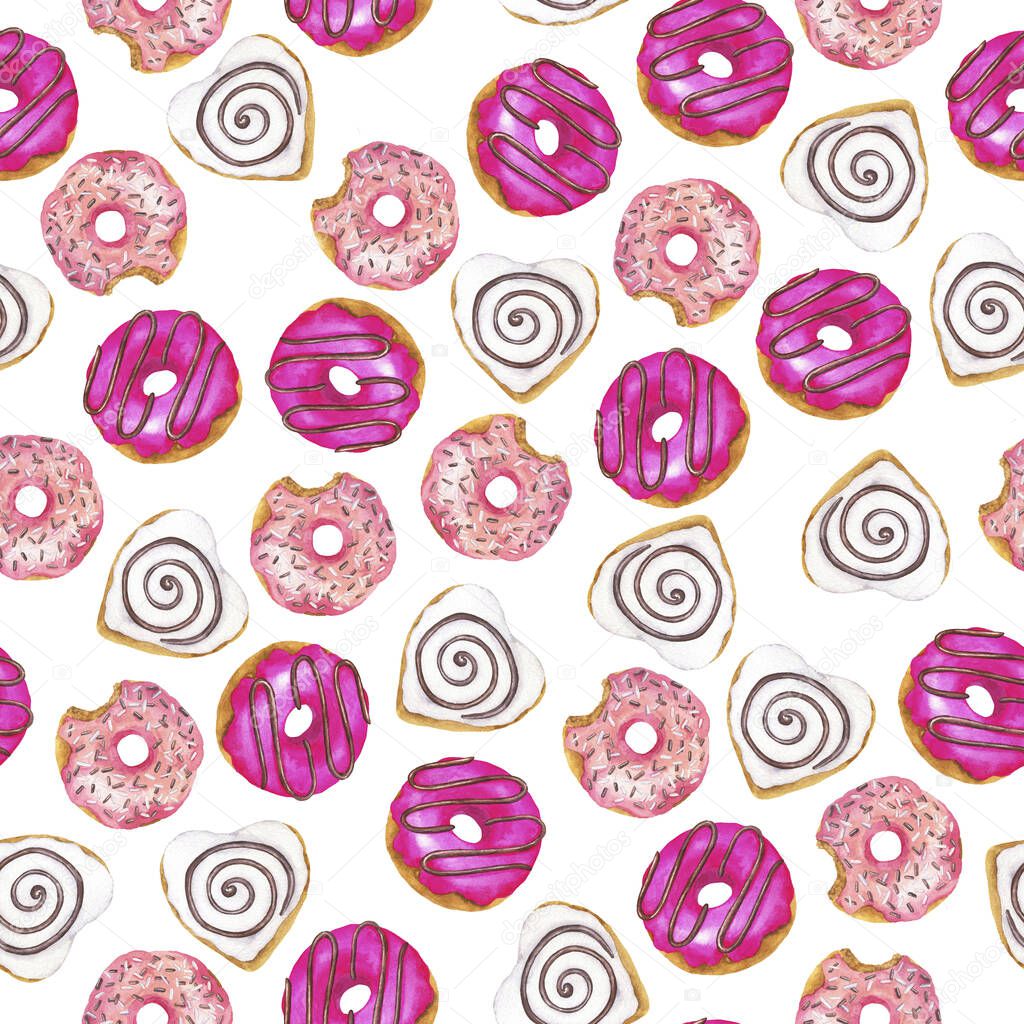 Seamless pattern with vanilla white, bright berry pink and pastel pink sugar donuts with hearts on white background. Hand drawn watercolor illustration.