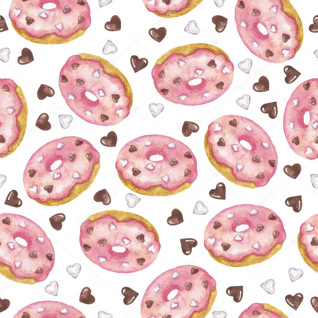 Seamless pattern with pink sugar donuts with hearts on white background. Hand drawn watercolor illustration.