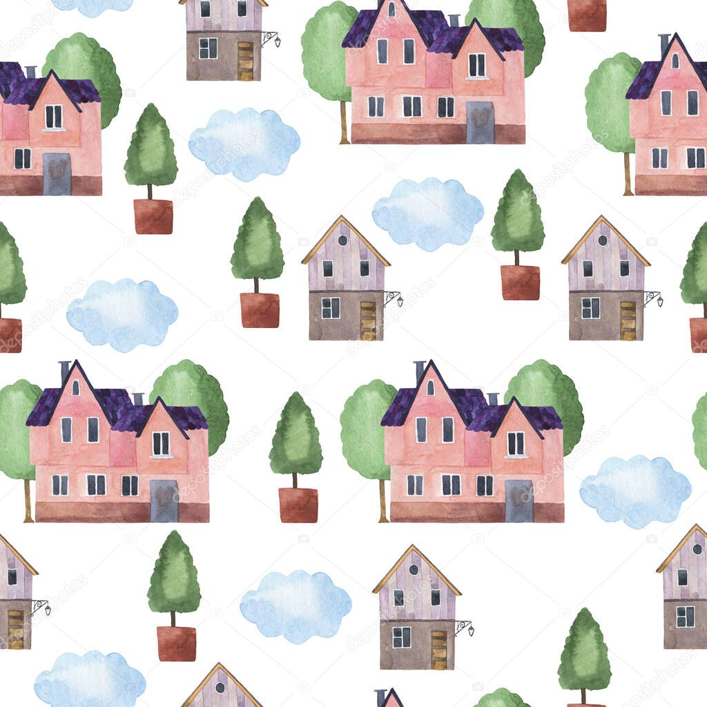Seamless pattern with pink and lilac doodle country house, clouds and green trees on white background. Hand drawn watercolor illustration.
