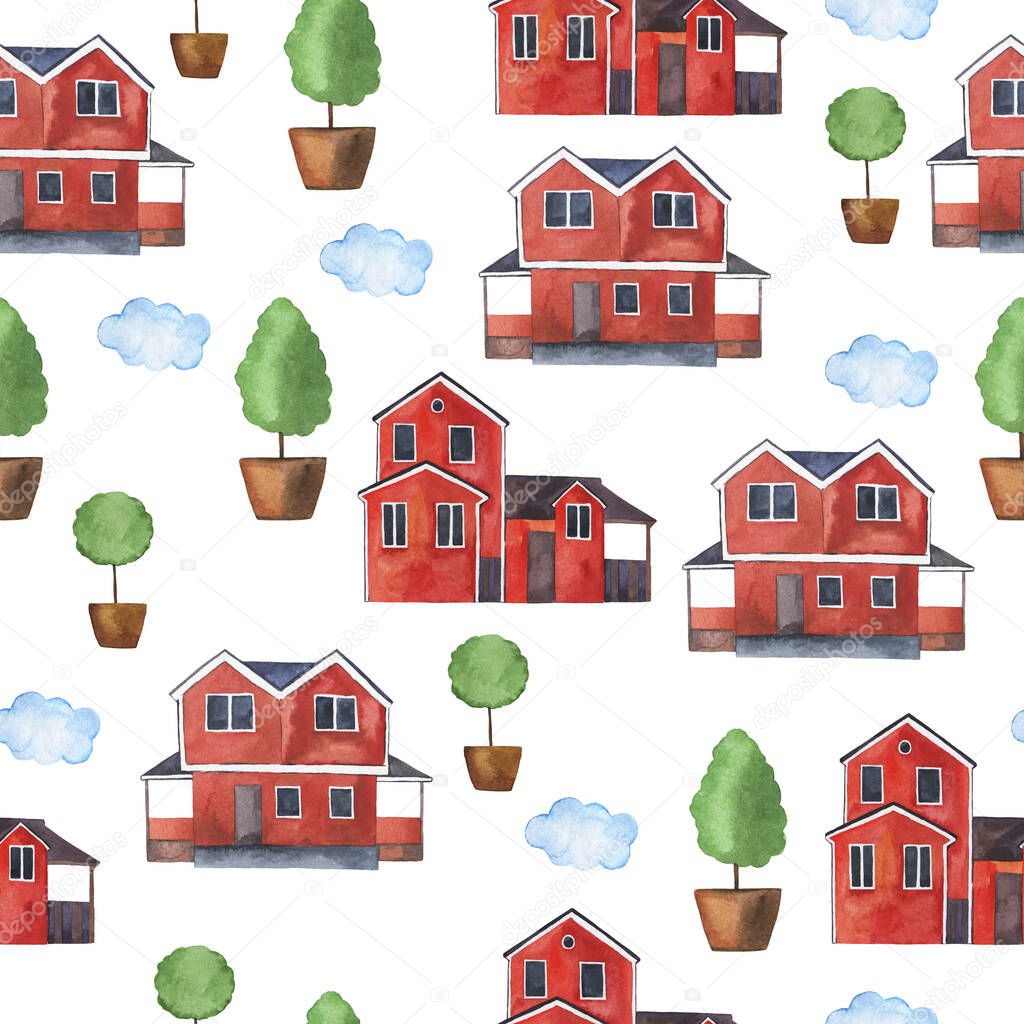 Seamless pattern with red country house, blue clouds and green trees on white background. Hand drawn watercolor illustration.