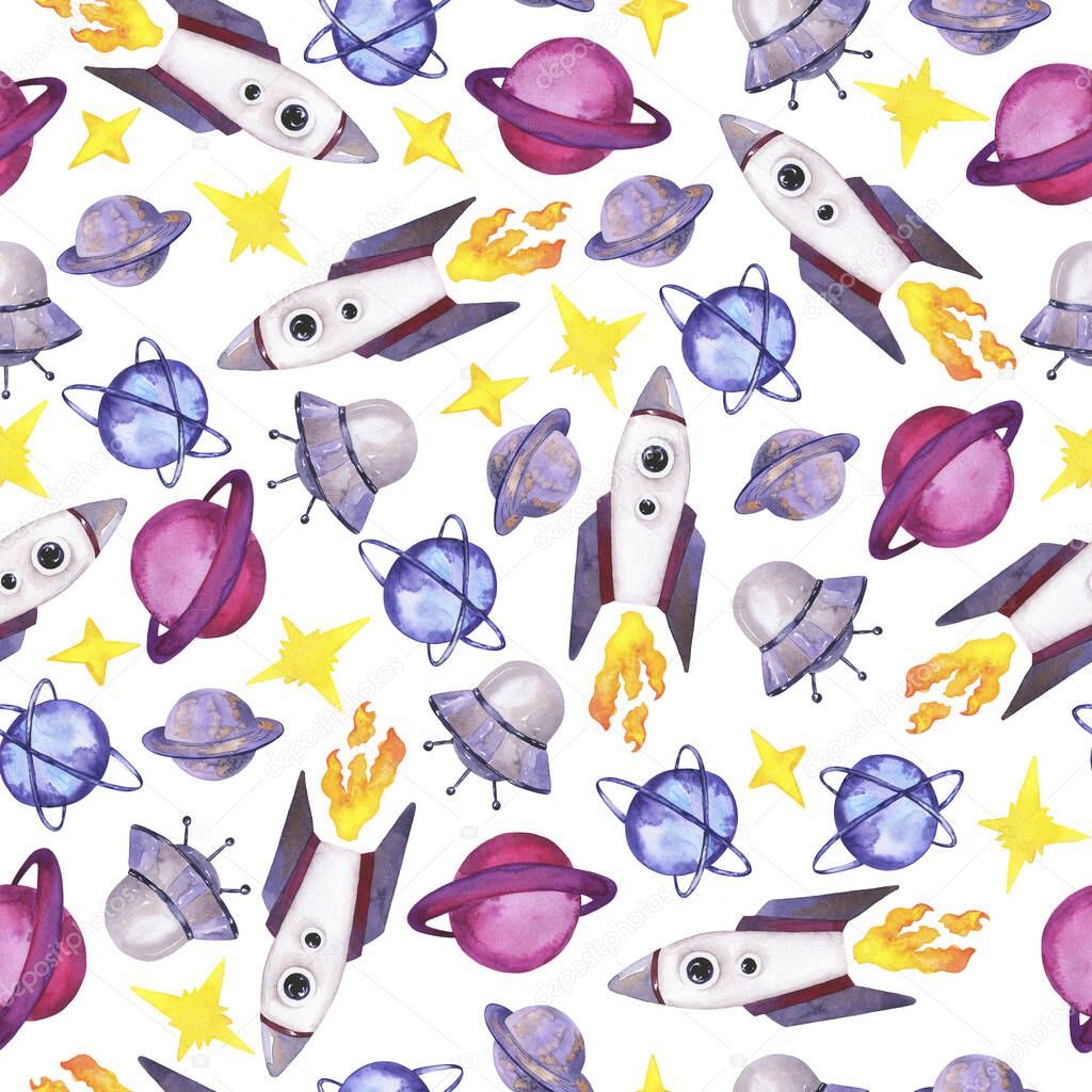 Seamless pattern with space rocket, grey flying saucer, stars and planets on white background. Hand drawn watercolor illustration.